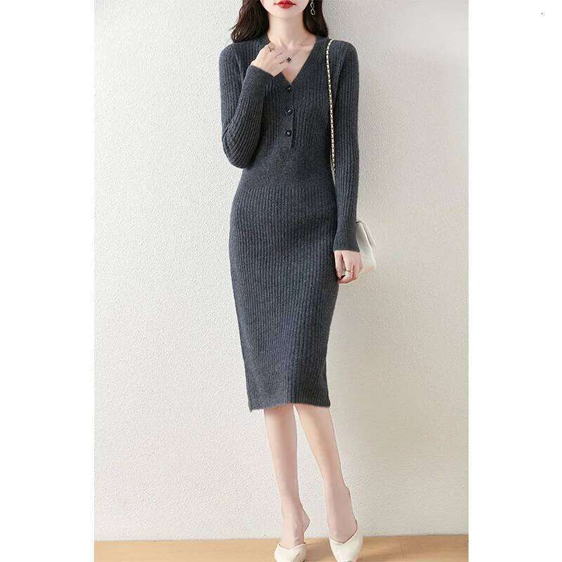 Women 100% Merino Wool Mid-Length Sweater Autumn Winter V-neck with Buttons Pullover Bottoming Knitwear Lady Slim Dress Z260313
