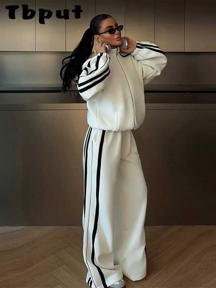 Chic Contrasted Color Women Hoodie Pant Suits Full Sleeve Zippers Wide Leg Pants Lady Set 2026 Spring 2 Pieces Set Women M260313