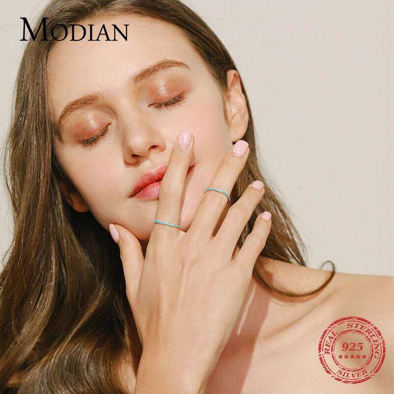 Modian 925 Sterling Silver Classic Exquisite Circle Turquoise Charm Stackable Finger Ring For Women Trendy Fine Jewelry H260312