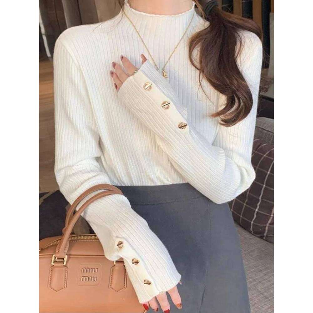 2026 Women Autumn Winter Knitted Slim Sweaters Pullovers Solid Button Full Sleeve Half High Collar Sweater Female Casual Tops Z260313