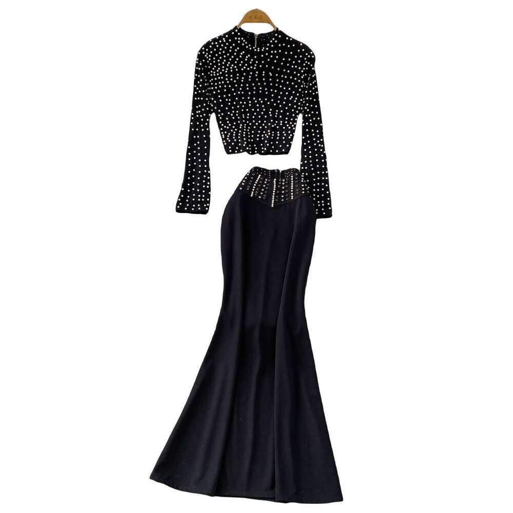 2026 European and American style bead and rhinestone decoration round neck short top, high waist slim fit fish tail long style