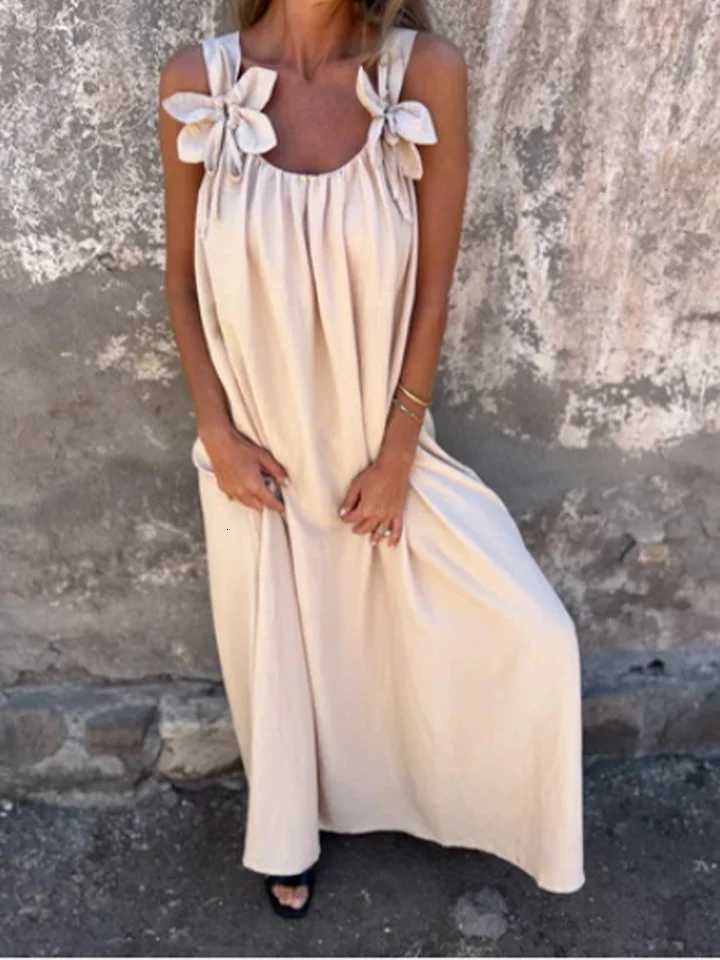 V-neck Solid Color Short Sleeved Lace Up Womens Dress High Street Fashion Elegant Commuting Style Summer DressesT260314