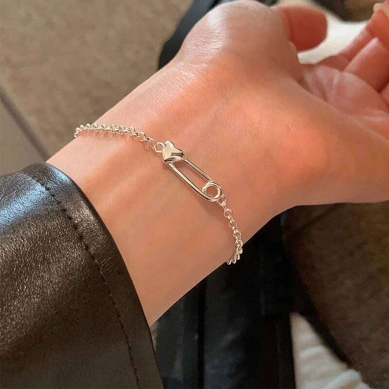Foxanry Silver Color Love Heart Pin Bracelets For Women Girls Simple Creative Trendy Temperament Sweet Birthday Jewelry Gifts Z260313