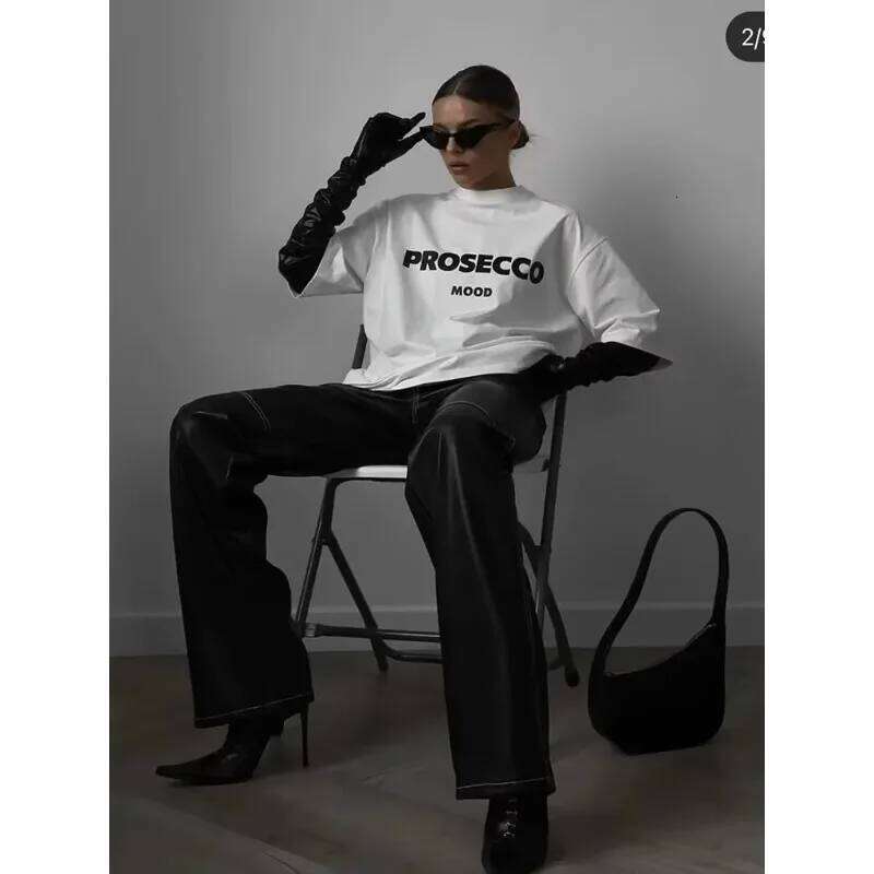PROSECCO MOOD Letter Graphic Printed Cotton T-Shirts Women Oversize Female Clothing Soft Round Neck Lady Y2k Tops Summer Z260314