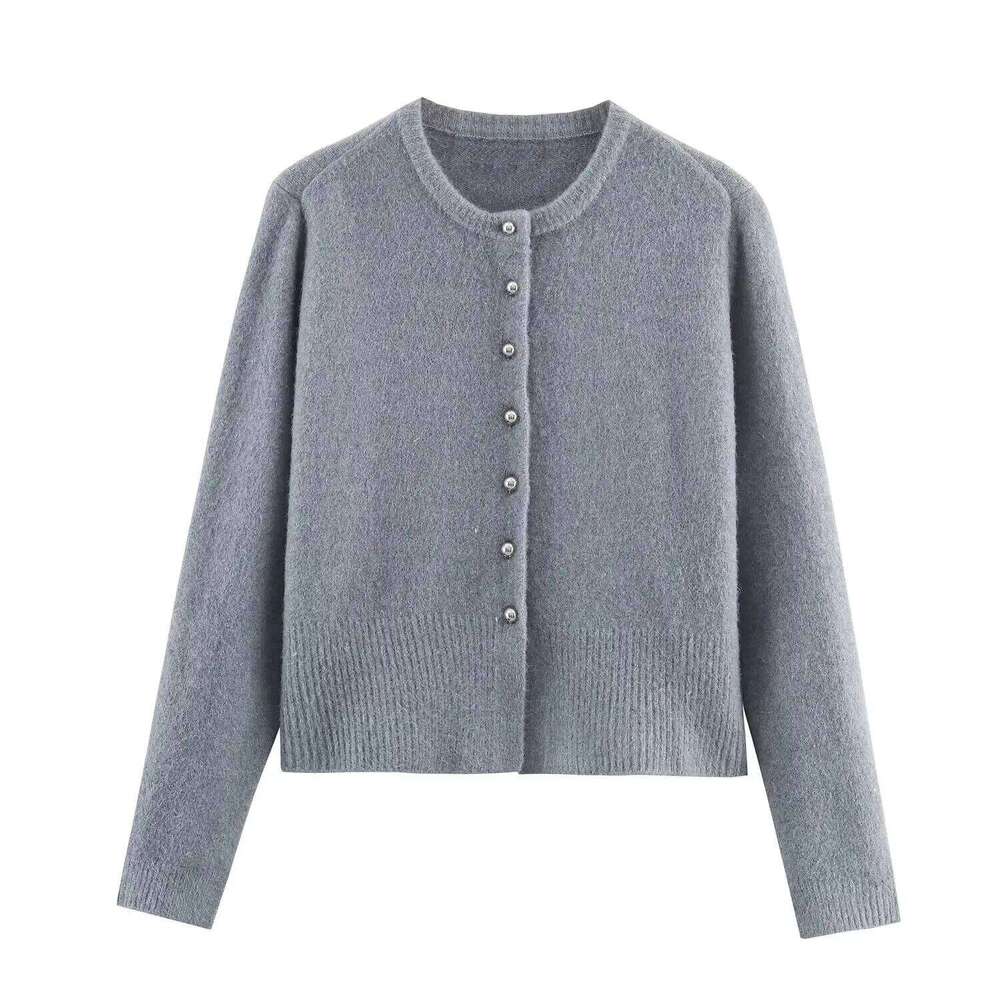 2026 Spring Autumn Women's Sweet Chic O-neck Buttons Open Sweaters Office Lady Casual Elegant Soft Knitted Gray Street Cardigans Z260313