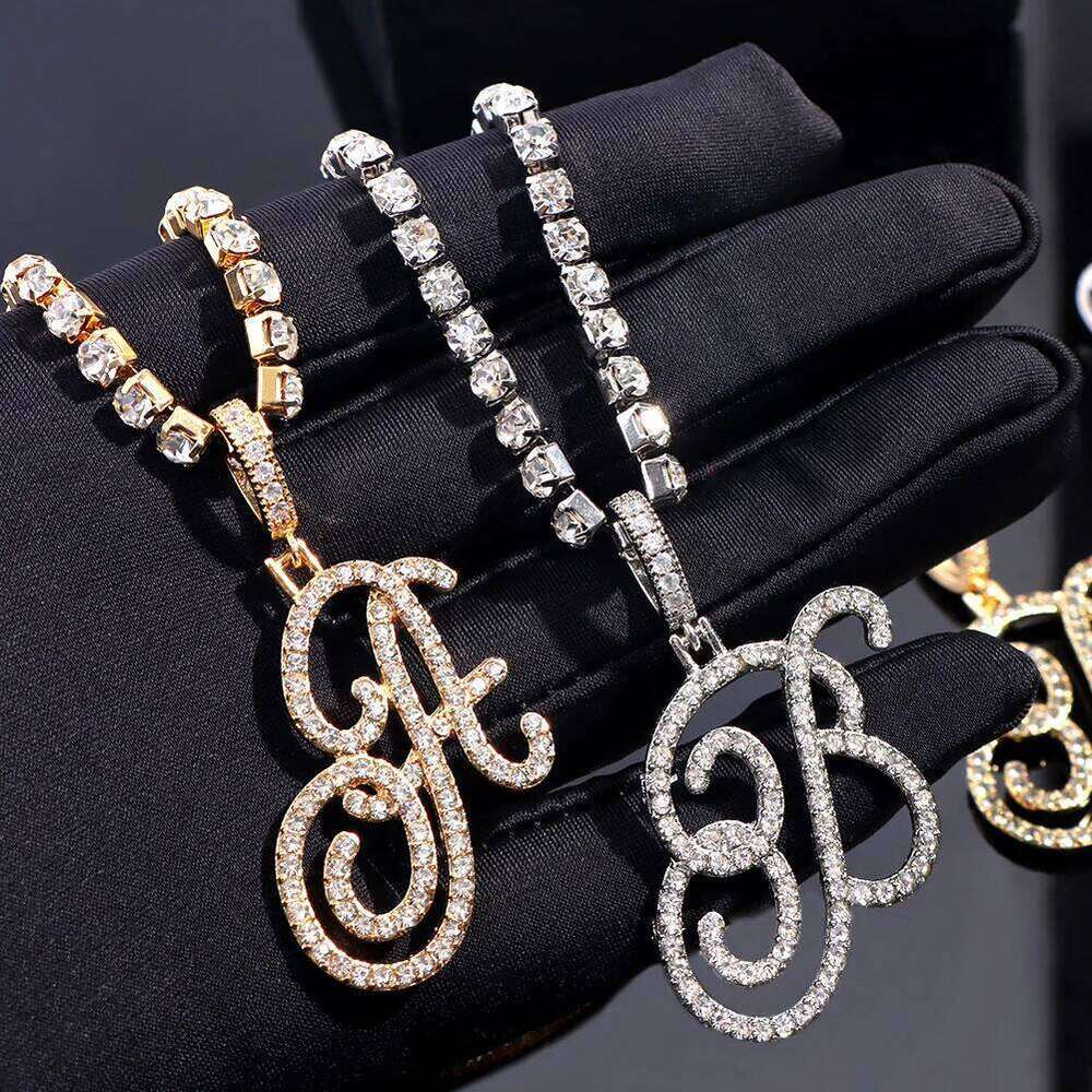 Flatfoosie Fashion A-Z Cursive Letter Crystal Chain For Women Bling Iced Out Initial Pendant Necklace Hip Hop Jewelry H260312