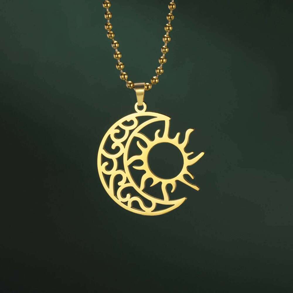 Kkjoy Fashion Stainless Steel Gold Color 35mm*34mm Sun Moon Double Chain Necklace For Women Wedding Party Jewelry Gift Wholesa H260312