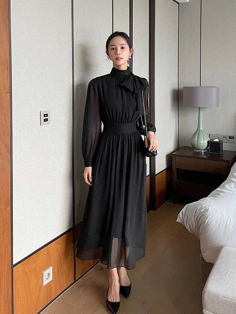 Ele Spring Chic Stand Collar Sa Knot Slimming Long Sve Chiffon Dr High Waist Commute Sle Other MaterialT260314