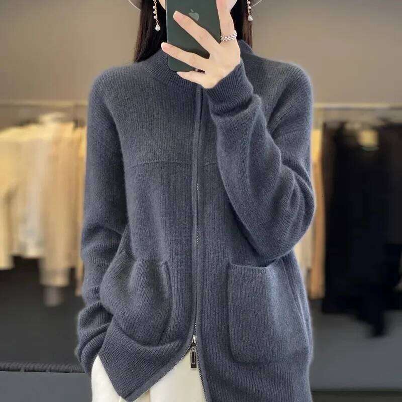 Fashion Knit Women Cardigan Casual Full Sleeve Zipper Stand Pleated Slim Lady Sweater 2025 Spring Autumn Office Female Knitwear Z260313
