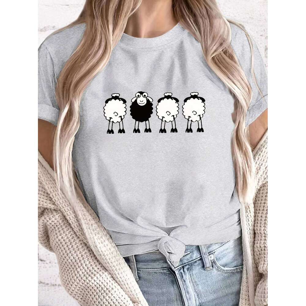 T-shirt Casual Short Sleeve Top Four Sheep Print Round Neck Aesthetic Clothes Z260314