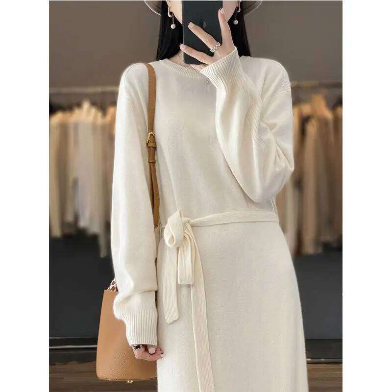 Autumn Winter Women Korean Fashion Lace-up Elegant Basic Knitted Dresses Solid O Neck Long Sleeve Loose Chic Sweater Dress Robe Z260313
