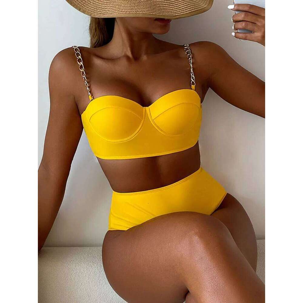 Sexy High Waist Bikini Set Women Push Up Swimwear Solid Neon Green Metal Shoulder Strap Swimsuit 2025 New Bathing Suit Beachwear Y260303