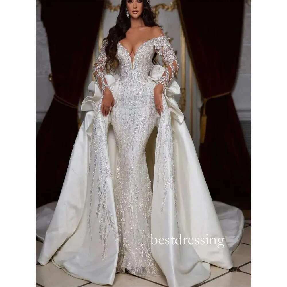 Gorgeous Lace Mermaid Wedding Dresses With Detachable Train Sexy Deep V Neck Beaded Crystals Ruffles Dubai Arabic Luxury Bridal Gowns Bc19164 B0313