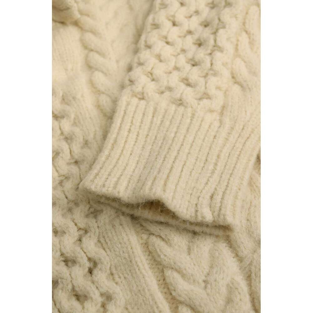 Women's Oversized Beige Cable Knit Sweater Casual Long Sleeve Half-Zip Pullover with Pockets Comfortable Knitwear Z260313