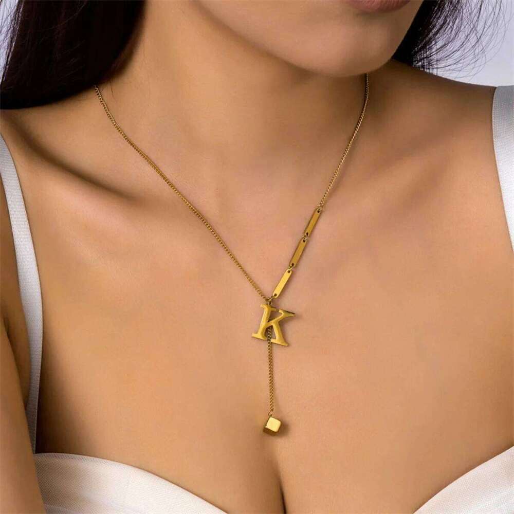 Stainless Steel 26 Initial Letters Square Block Tassel Necklace For Women Men Simple A-Z Alphabet Chain Choker Birthday Jewelry H260312