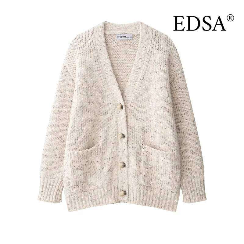 EDSA Women Oversized Knitted Cardigan Single Breasted V-Neck Loose Sweater Coat for Spring Autumn Streetwear Z260313