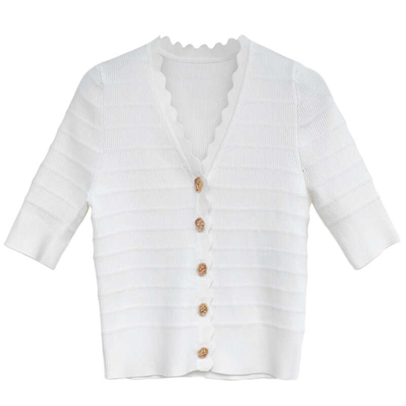 2026 designer women's niche exposed collar top summer V-neck short sleeved ice silk knitted c10 cardigan short