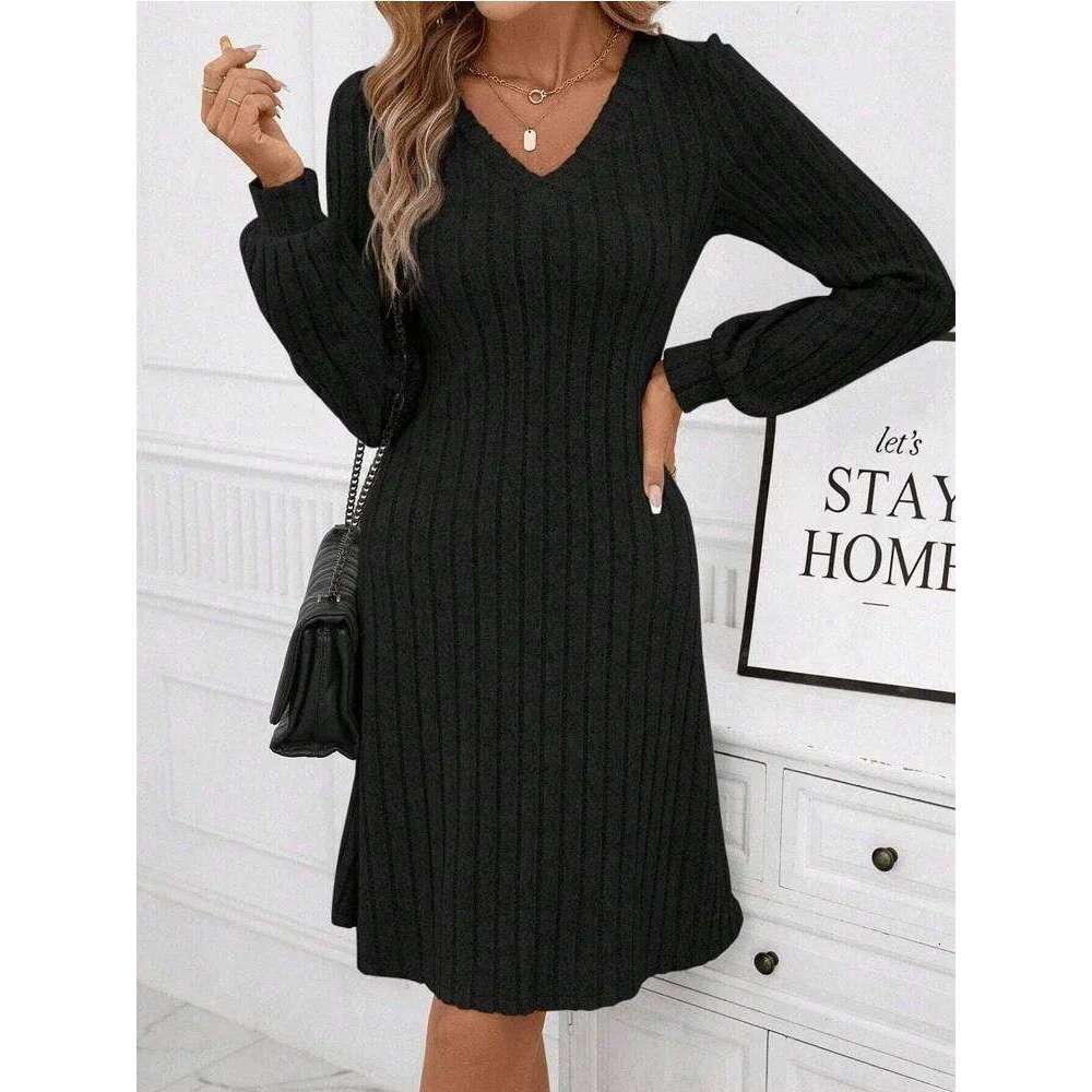 Solid Color Long Sleeve Knitted Ribbed Women Mini Dress Winter Warm V-neck Pit Stripe Dresses Casual Party Vacation New Clothes Z260313