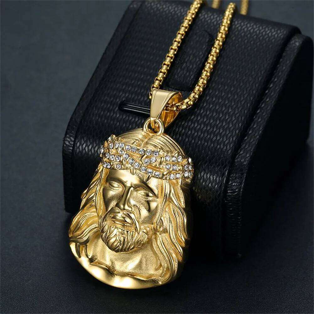 Religious Fashion Christ Jesus Head Pendant Gold Color Stainless Steel CZ Christian Necklace For Men Jewelry Male Gift 2025 H260312