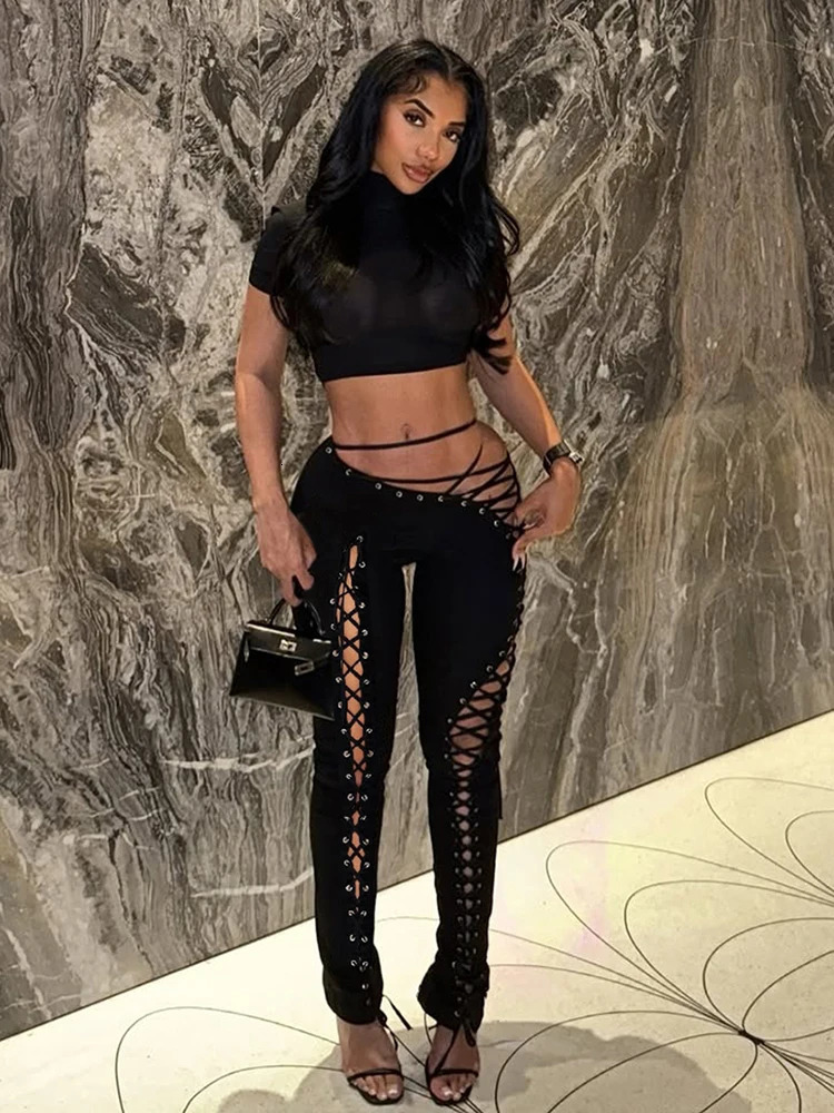 Weird Puss Sexy 2piece Set Women Hipster Halter CamisoleShirring Hollow Pants Midnight Matching Stretch Clubwear Skinny Outfits 260309