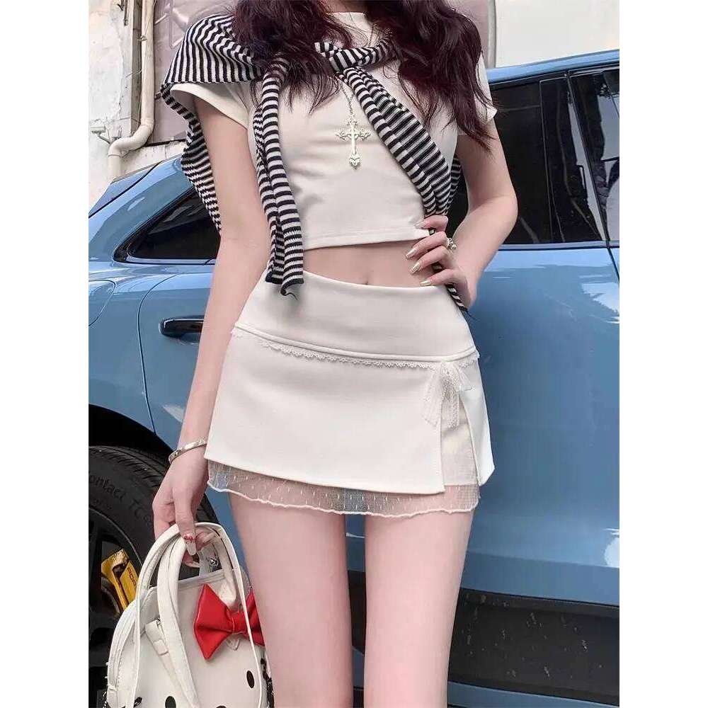 Sweet Lace Patchwork Women Summer Japanese Kawaii Bow Mini Fashion Low Waist Preppy Slit A Line Skirts New Z260314