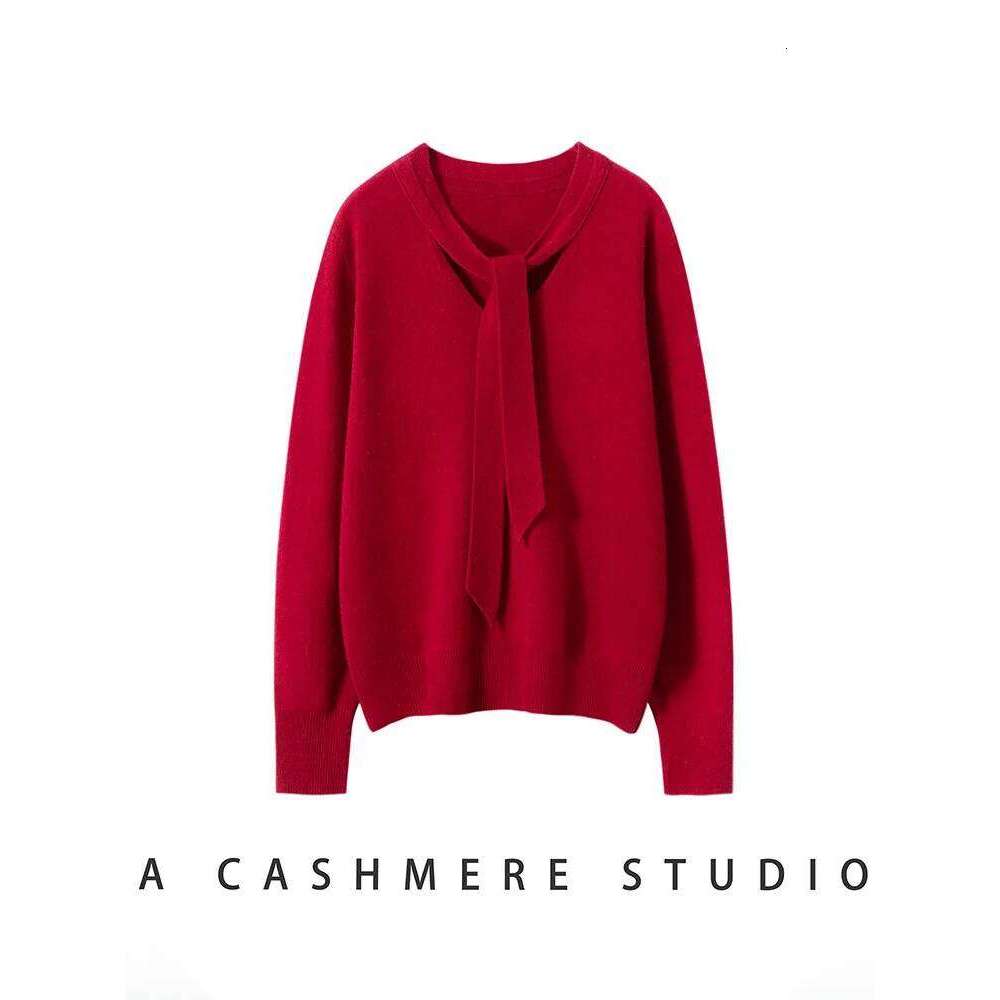 Women 100% Cashmere Sweater Ribbon V-neck Design Pullovers Autumn Winter French Retro Style Soft Knitwear Clothing Tops High-end Z260314
