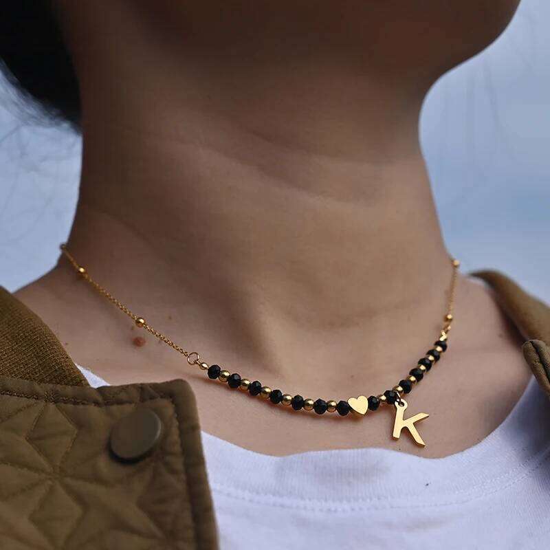 Waterproof Gold Color Stainless Steel Heart Initial for Women Tarnish Free Faceted Crystal Necklace MOON GIRL Design H260312