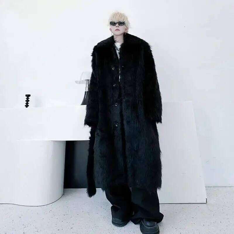 PNW Belt Single Breasted Thickened Winter Long Faux Fur For Men Black White Fashion Design Loose Cotton-padded Coat 9C8121 Z260313