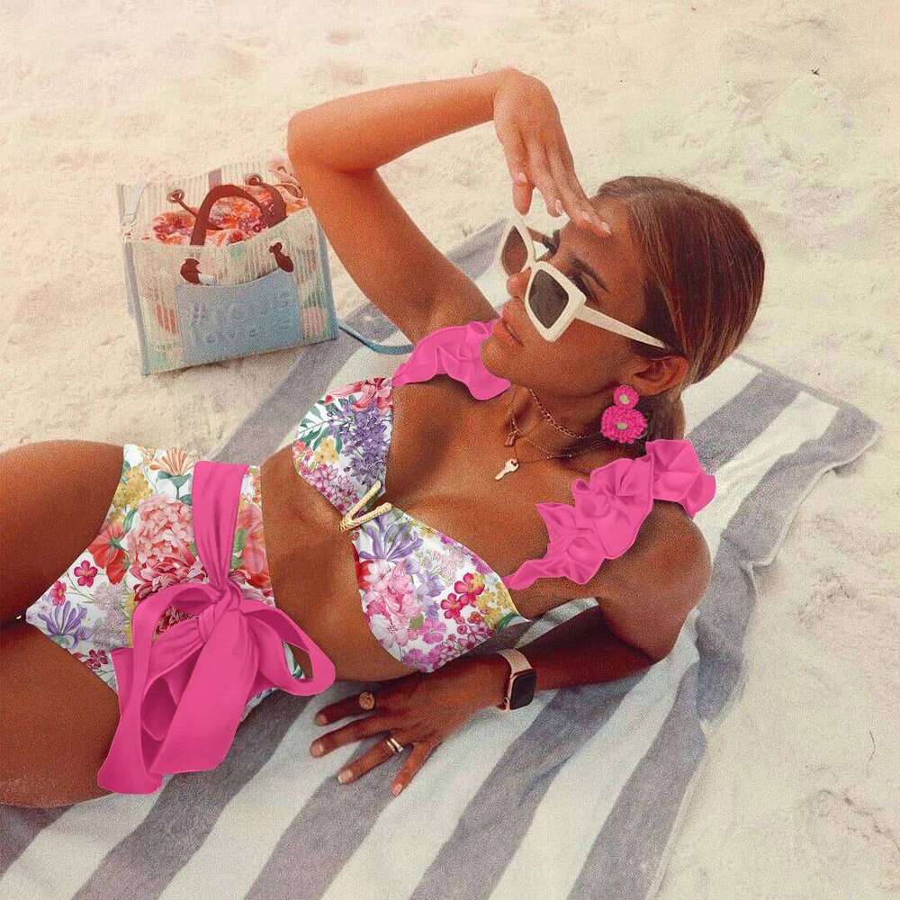 Two-Pieces Women Floral 2025 Push-Up Padded Bra Ruffles Bandage Bikini Set Swimsuit Swimwear Bathing Suit Beachwear Biquini Y260303
