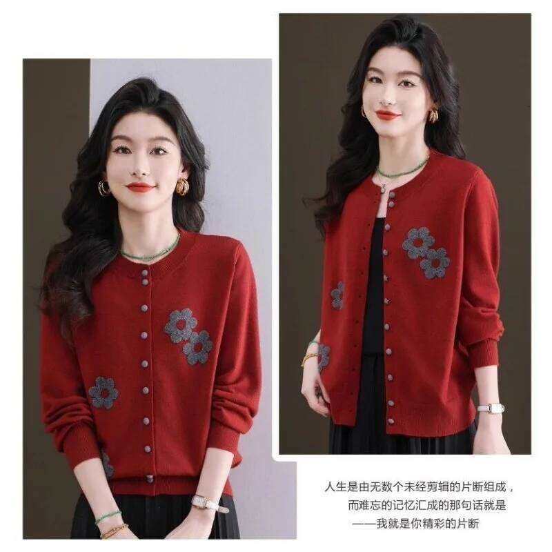 Flower Contrast Color Knitted Cardigan Round Neck Sweater Jacket Women's Top Z260313