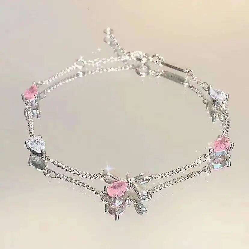 Steel Fun New Women Bracelet Shiny Pink Zircon Butterfly Cherry Blossom Hand Chain for Girls Friendship Gift Y2k Accessories Z260313