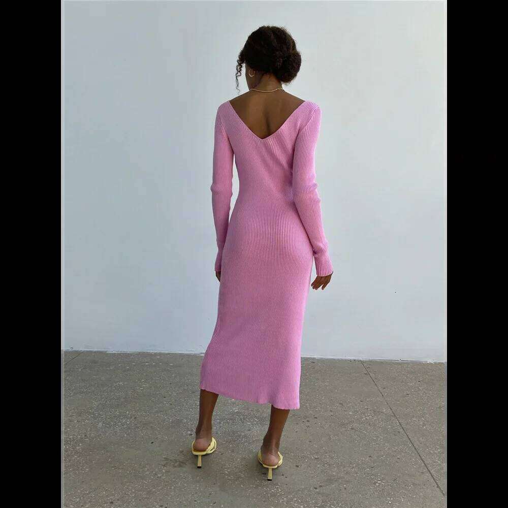 Women's Long Sleeve Knitted Dress, V-Neck, Commuter, Slim Fit, Monochromatic, Autumn, Winter, New Z260313