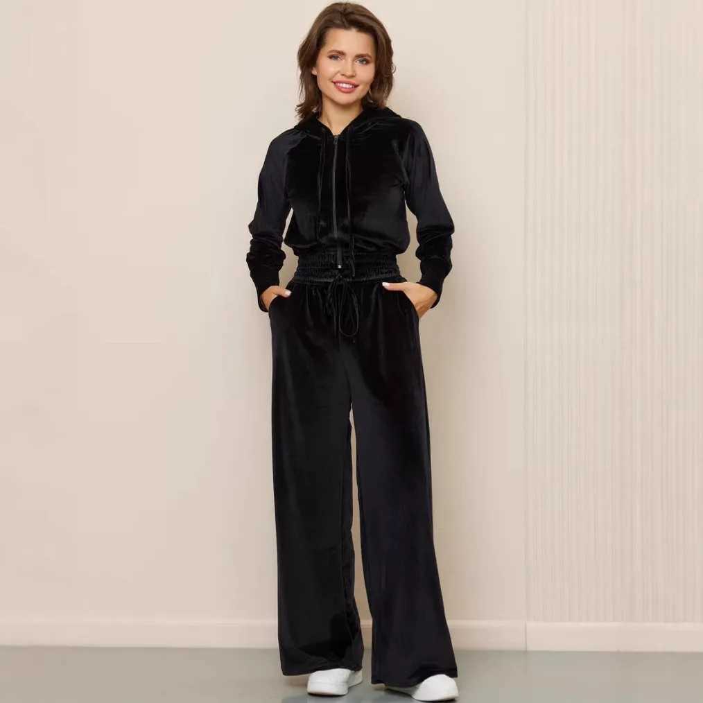 Fashion casual womens solid color zipper cardigan silver fox fleece hoodie lace-up trousers 2 piece pantsuit womens clothing M260313