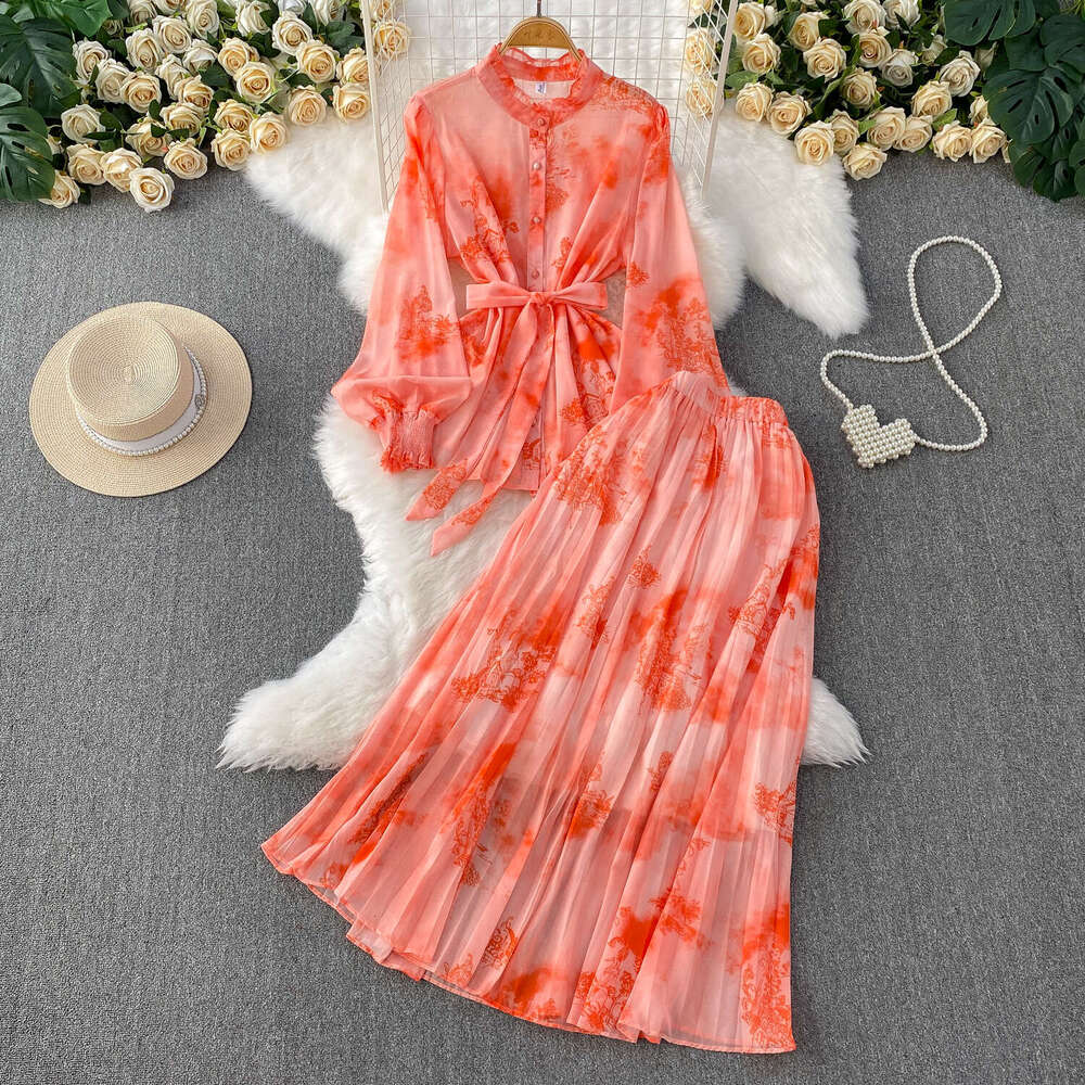 2026 Designer's New Chinese Printed Elegant Stand up Collar Lantern Sleeve c10 Women's Shirt Summer Slimming Top Skirt Set