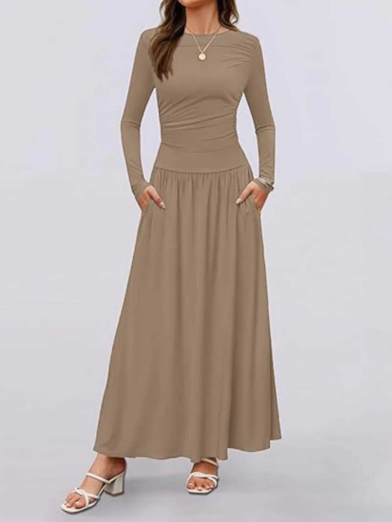 Autumn New Arrivals Women Long Sleeve Maxi Dress Comfortable Fit Ruched Detail Multi Color for Casual Everyday WearT260316