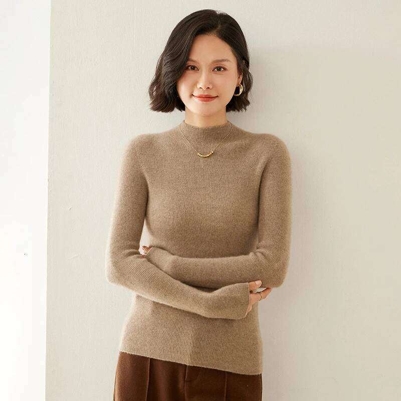 One-line Striped Half-high Collar Autumn and Winter 100% Cashmere Fashion Pullover Sweater Women Slim Bottoming Knitwear Z260314