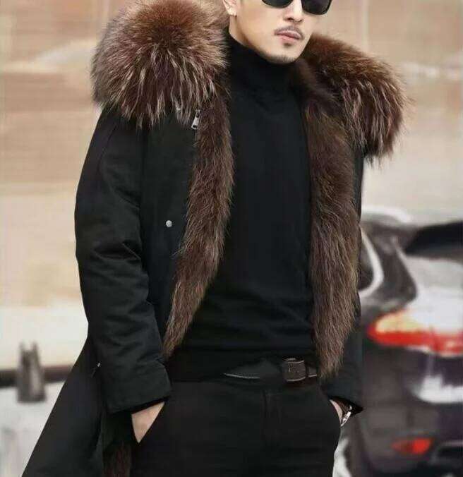 Fashion Men's Mid-Length Parka Faux Detachable Fur Inteated Long sleeve Hooded Casual Outerwear Winter Warm Coat Z260313