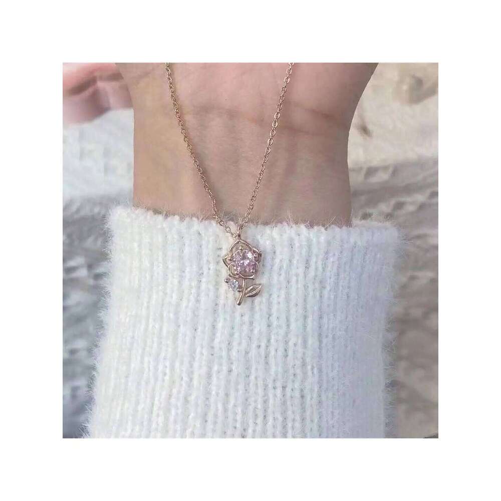 1pc Gold Pink Diamond Rose Necklace Minimalist Fashion Jewelry, Stylish Pendant Chain Suitable for Daily Wear, Party & Gat H260312