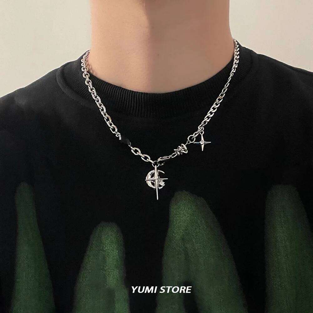 Hip Hop Moon Star Pendant Necklace For Men Women Titanium Steel Spliced Sweater Chain Kpop Unisex Jewelry Street Punk Accessorie H260312