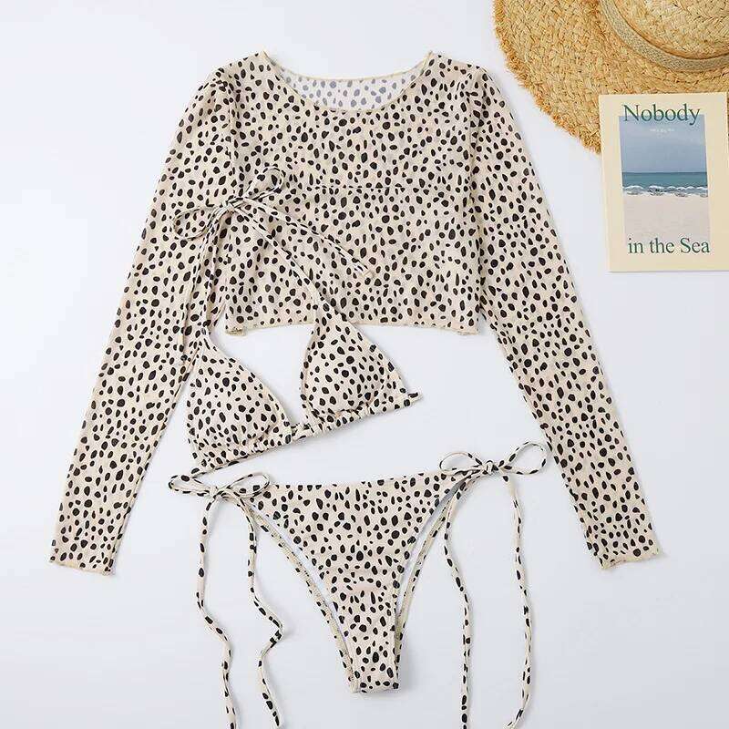 Women Leopard Swimwear 3 Piece Bikini Set 2026 New Swimsuit String Long Sleeve High Waist Bathing Suit Y260303