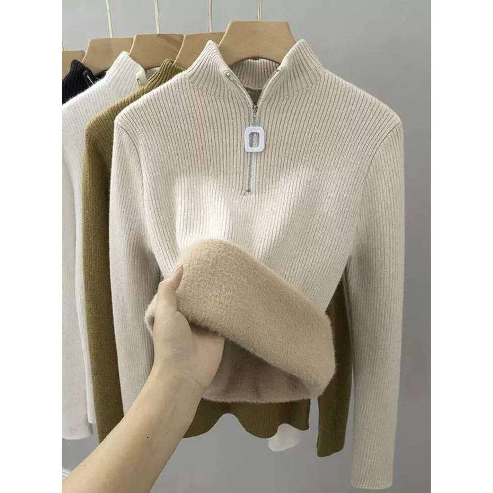V-Neck Plus Velvet Thicken Knitted Pullover Sweater Woman Casaul Korean Fashion Knitwear Tops Jumpers Plush Lined Warm Sueter Z260314