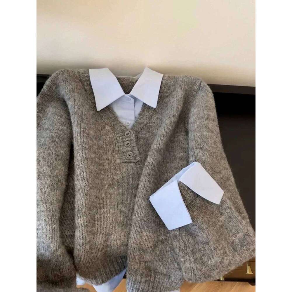 Women's New Style Grey Blue Contrast Sweater Fake Two Piece Stacked Spring Autumn Korean Turn-down Collar Design Knitted Top Z260313