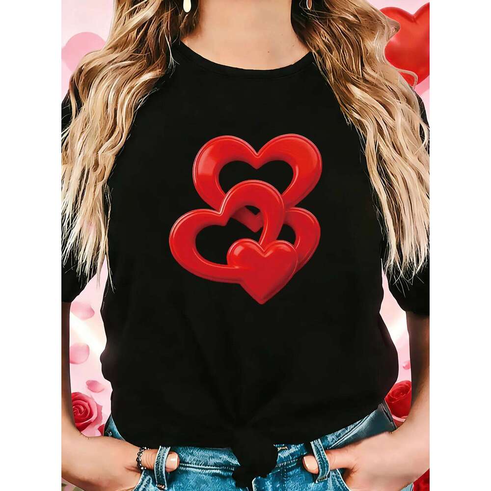 Valentine's Day Women's Short Sleeve T-shirt Heart Ring Graphic Print Crew Neck Casual Daily dates Top For Summer & Spring Z260314