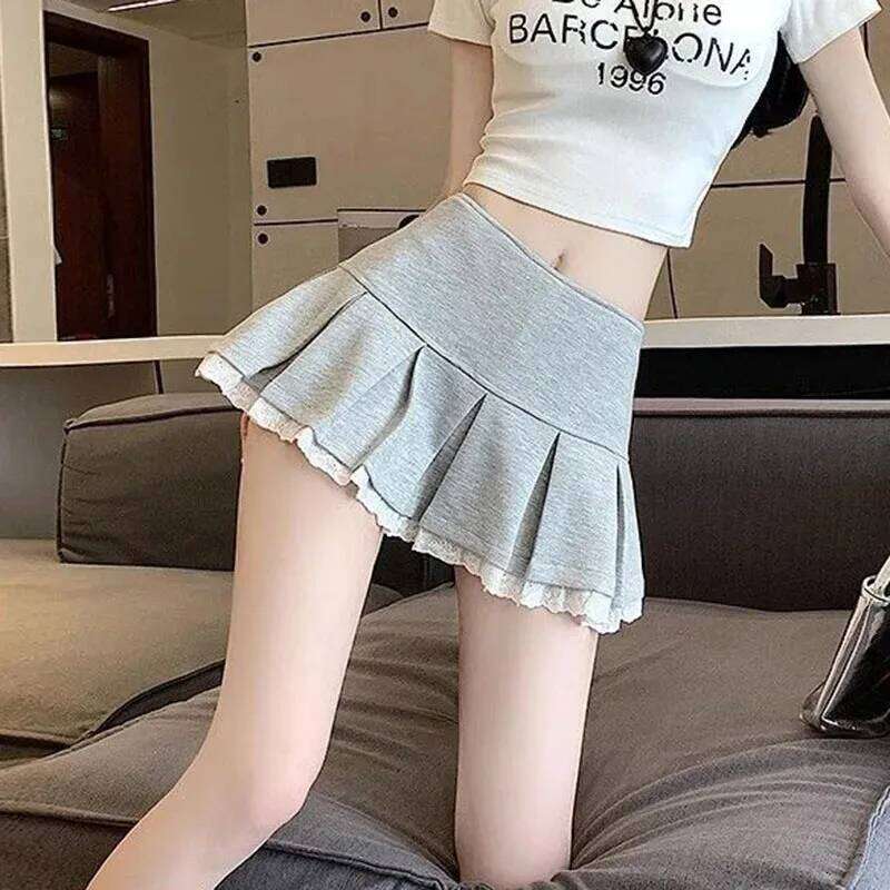 High-Waisted Skirts for Women Korean Fashion Lace Spliced Pleated Ladies Summer All-Match Anti-Glare Mini Skirt Z260314