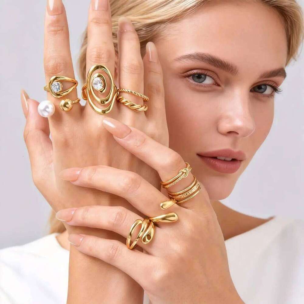 Fashion Stainless Steel Open Minimalist for Women, Unique Adjustable Geometric Stacking Ring Gold Plated Waterproof Jewelry H260312