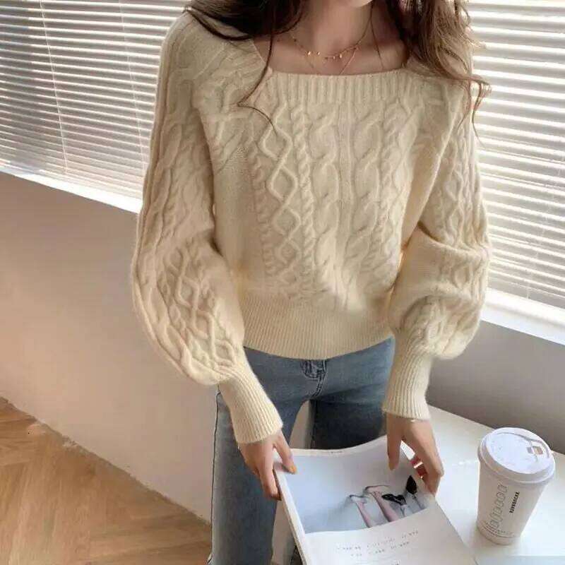 Elegant Square Neck Women's Retro Thickened Fried Dough Twists Sweater Autumn and Winter New Korean Style Loose Knit Top Z260314