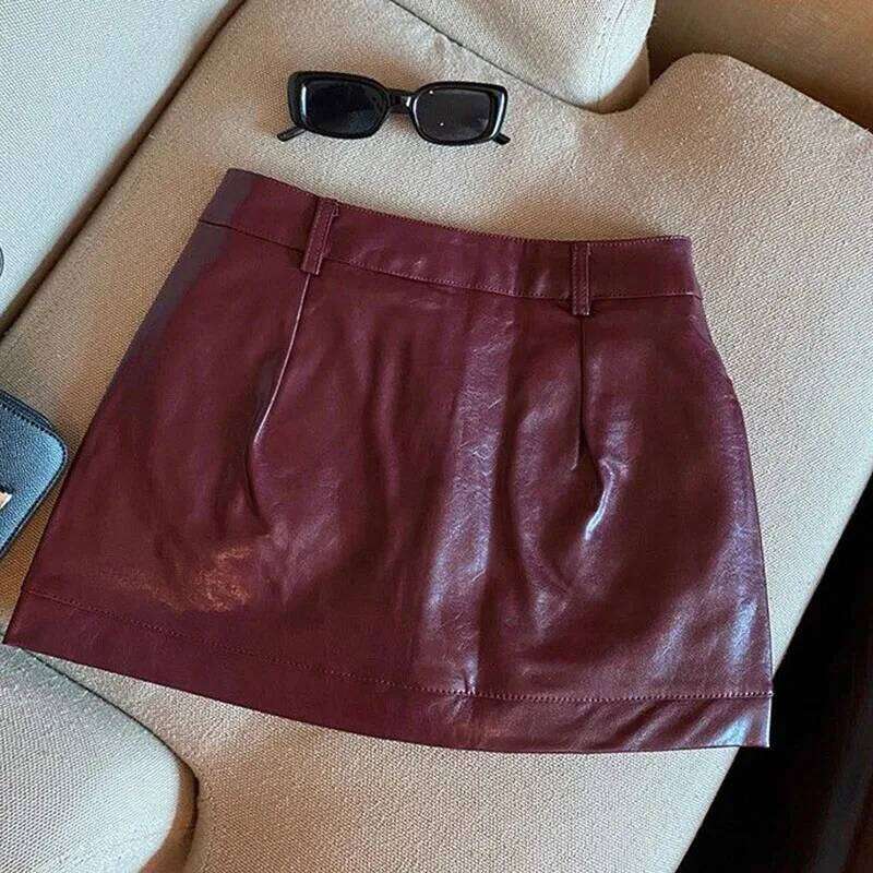 Wine Red PU for Women Sexy Clubwear Hip-Wrapped Leather Mini Skirt Female Spring Autumn Anti-Glare Short Skirts Z260314