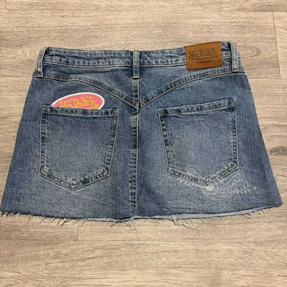 Gothic Women Fashion Denim Y2K Hip Hop Letter Graphic Print Retro Blue Baggy Shorts High Waist Slim Fit Mini Skirt Z260314