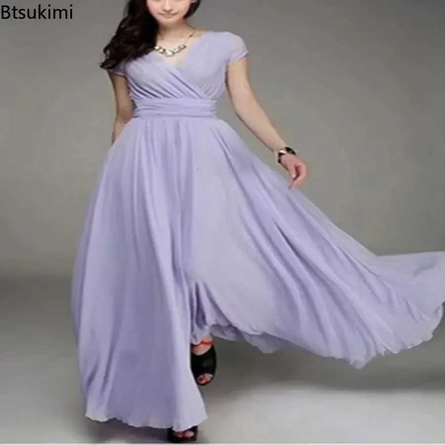 2026 Womens V Neck Short Sleeve Evening Party Dress Temperament Solid Colour Long Cocktail Chiffon High Waist Summer DressesT260316