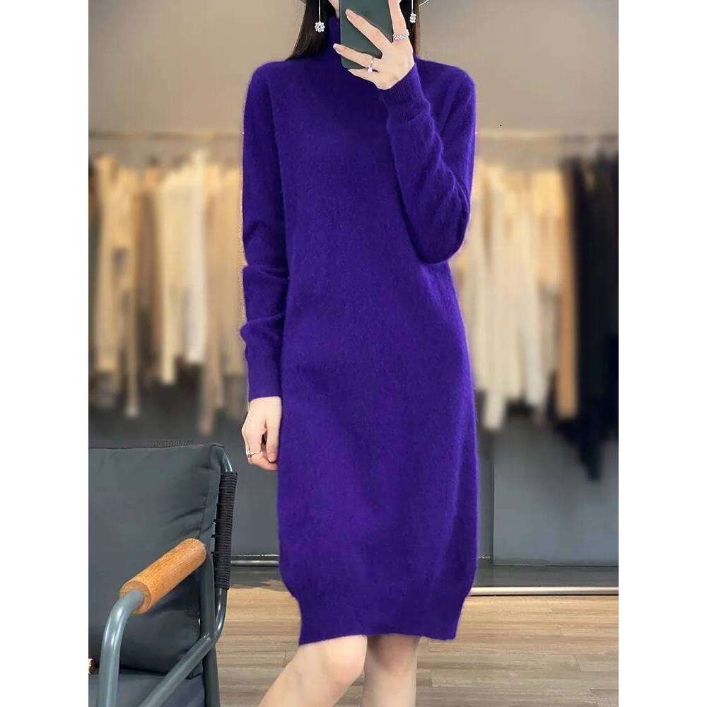 Aliselect 100% Mink Knitted Women High Lapel Fasion Sweater Pullover Turn-down Collar Cashmere Knee Length Dress Z260313
